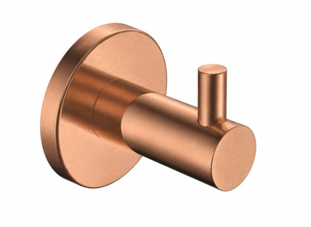 Strakke Grav Handdoekhaak voor de badkamer/toilet, uitgevoerd in geborsteld koper met duurzame PVD-coating. Geschikt voor het ophangen van handdoeken en badjassen. Voor wandmontage. De afwerking sluit exact aan bij de geborsteld koperen PVD-afwerking