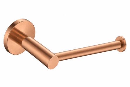 Strakke toiletrolhouder uit de Grav serie, uitgevoerd in geborsteld koper met duurzame PVD-coating. Voor wandmontage. De afwerking sluit exact aan bij de geborsteld koperen PVD-afwerking van de Van Heck kranen.