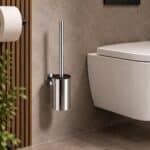 Strakke toiletborstel met wandhouder uit de Grav serie, uitgevoerd in chroom. Voor wandmontage. De afwerking sluit exact aan bij de chroom afwerking van de Van Heck kranen.