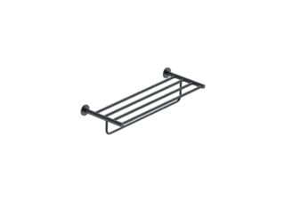 Stijlvol handdoekrek met geïntegreerde handdoekstang uit de Grav serie, uitgevoerd in mat zwart. Biedt ruimte voor het opbergen en ophangen van handdoeken. Voor wandmontage. De afwerking sluit exact aan bij de mat zwarte van de Van Heck kranen.