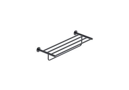 Stijlvol handdoekrek met geïntegreerde handdoekstang uit de Grav serie, uitgevoerd in mat zwart. Biedt ruimte voor het opbergen en ophangen van handdoeken. Voor wandmontage. De afwerking sluit exact aan bij de mat zwarte van de Van Heck kranen.