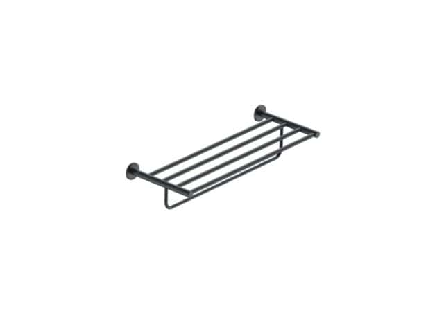 Stijlvol handdoekrek met geïntegreerde handdoekstang uit de Grav serie, uitgevoerd in mat zwart. Biedt ruimte voor het opbergen en ophangen van handdoeken. Voor wandmontage. De afwerking sluit exact aan bij de mat zwarte van de Van Heck kranen.