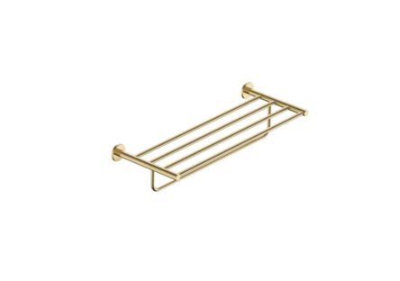 Stijlvol handdoekrek met geïntegreerde handdoekstang uit de Grav serie, uitgevoerd in geborsteld goud met duurzame PVD-coating. Biedt ruimte voor het opbergen en ophangen van handdoeken. Voor wandmontage. De afwerking sluit exact aan bij de geborstel