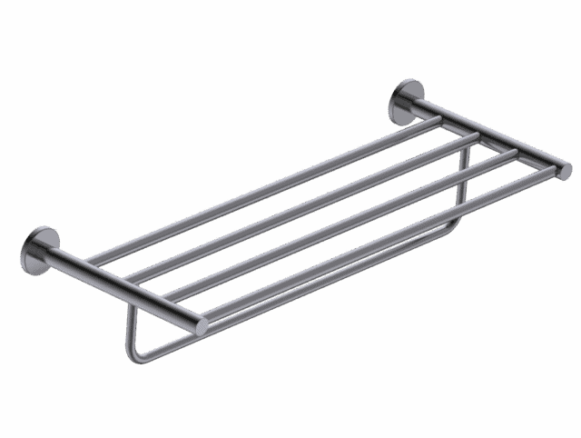 Stijlvol handdoekrek met geïntegreerde handdoekstang uit de Grav serie, uitgevoerd in black gun metal met duurzame PVD-coating. Biedt ruimte voor het opbergen en ophangen van handdoeken. Voor wandmontage. De afwerking sluit exact aan bij de black gun