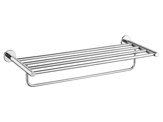 Stijlvol handdoekrek met geïntegreerde handdoekstang uit de Grav serie, uitgevoerd in chroom. Biedt ruimte voor het opbergen en ophangen van handdoeken. Voor wandmontage. De afwerking sluit exact aan bij de chroom afwerking van de Van Heck kranen.