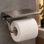 Strakke toiletrolhouder met planchet uit de Grav serie, uitgevoerd in black gun metal met duurzame PVD-coating. Het planchet bedekt het toiletpapier en biedt ruimte om kleine accessoires op te plaatsen. Voor wandmontage. De afwerking sluit exact aan