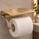 Strakke toiletrolhouder met planchet uit de Grav serie, uitgevoerd in geborsteld goud met duurzame PVD-coating. Het planchet bedekt het toiletpapier en biedt ruimte om kleine accessoires op te plaatsen. Voor wandmontage. De afwerking sluit exact aan