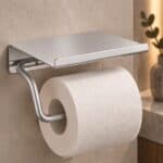 Strakke toiletrolhouder met planchet uit de Grav serie, uitgevoerd in geborsteld nikkel. Het planchet bedekt het toiletpapier en biedt ruimte om kleine accessoires op te plaatsen. Voor wandmontage. De afwerking sluit exact aan bij de mat zwarte van d