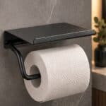 Strakke toiletrolhouder met planchet uit de Grav serie, uitgevoerd in mat zwart. Het planchet bedekt het toiletpapier en biedt ruimte om kleine accessoires op te plaatsen. Voor wandmontage. De afwerking sluit exact aan bij de mat zwarte van de Van He