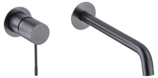 Moderne muurwastafelkraan in black gun metal voor wandmontage boven een wastafel of waskom. Voorzien van een duurzame PVD-coating, 5 jaar garantie en verkrijgbaar in 5 kleuren.