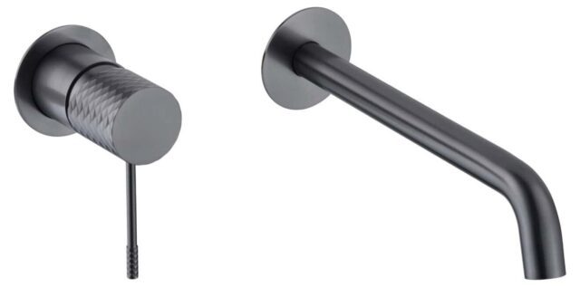 Moderne muurwastafelkraan in black gun metal voor wandmontage boven een wastafel of waskom. Voorzien van een duurzame PVD-coating, 5 jaar garantie en verkrijgbaar in 5 kleuren.