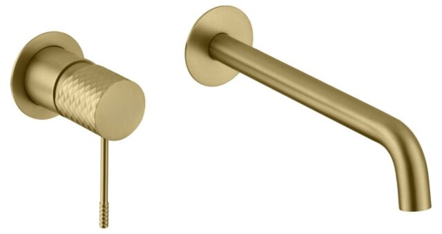 Moderne muurwastafelkraan in geborsteld goud voor wandmontage boven een wastafel of waskom. Voorzien van een duurzame PVD-coating, 5 jaar garantie en verkrijgbaar in 5 kleuren.