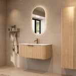 Rond naturel eiken badkamermeubel 100 cm met vlak front en mat witte solid surface wastafel