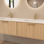 Rond hangend naturel eiken badkamermeubel 160 cm met vlak front en dubbele mat witte solid surface wastafel