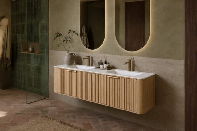 Rond hangend naturel eiken badkamermeubel 160 cm met groevenfront en dubbele mat witte solid surface wastafel