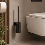 Strakke toiletborstel met wandhouder uit de Grav serie, uitgevoerd in mat zwart. Voor wandmontage. De afwerking sluit exact aan bij de mat zwarte van de Van Heck kranen.