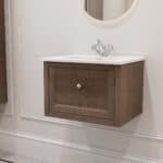 Hangend modern badmeubel 60 cm in massief donker eiken met vlak front en keramische wastafel