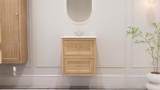 Hangend modern badmeubel 60 cm naturel eiken met vlak front en twee softclose lades