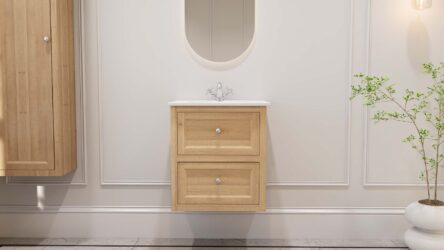 Hangend modern badmeubel 60 cm naturel eiken met vlak front en twee softclose lades