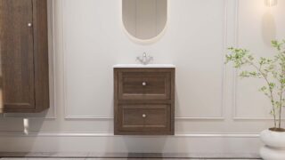 Hangend modern badmeubel 60 cm donker eiken met vlak front en twee softclose lades