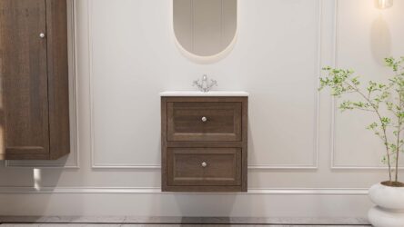 Hangend modern badmeubel 60 cm donker eiken met vlak front en twee softclose lades