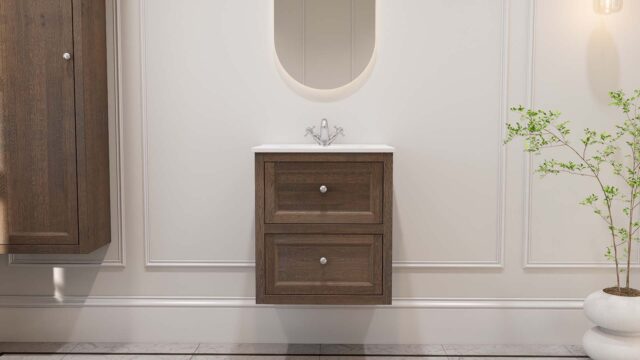 Hangend modern badmeubel 60 cm donker eiken met vlak front en twee softclose lades