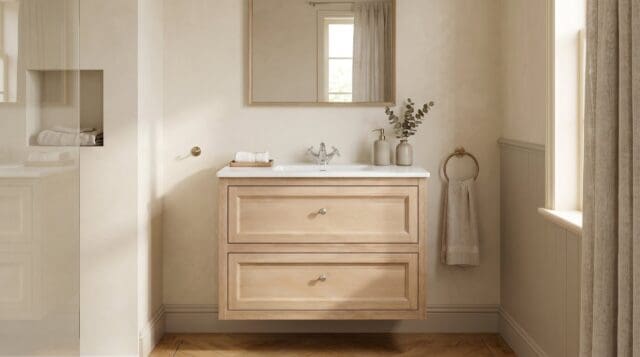 Modern hangend badmeubel 100 cm naturel eiken met vlak front en twee softclose lades
