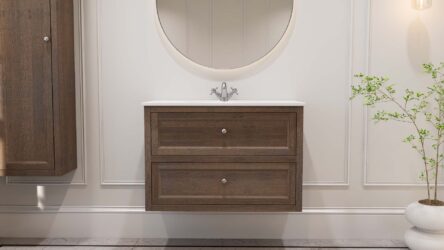 Modern hangend badmeubel 100 cm donker eiken met vlak front en twee softclose lades