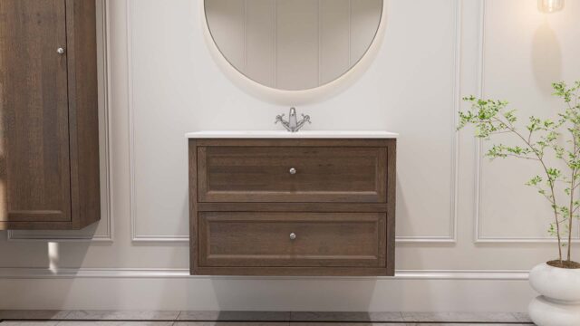 Modern hangend badmeubel 100 cm donker eiken met vlak front en twee softclose lades