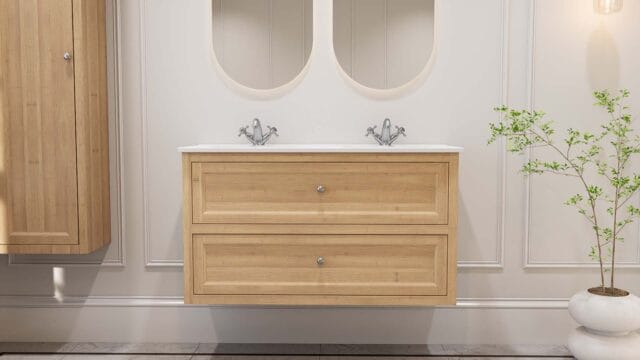 Modern eiken wastafelmeubel 120 cm naturel met vlak front, twee lades en dubbele wastafel