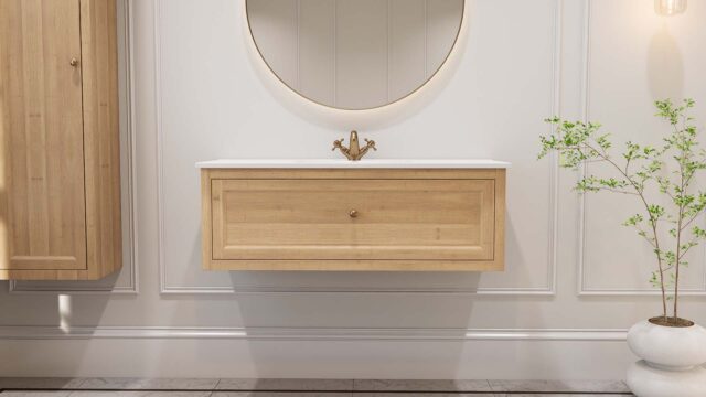 Hangend naturel eiken badkamermeubel 120 cm met vlak front en enkele keramische wastafel
