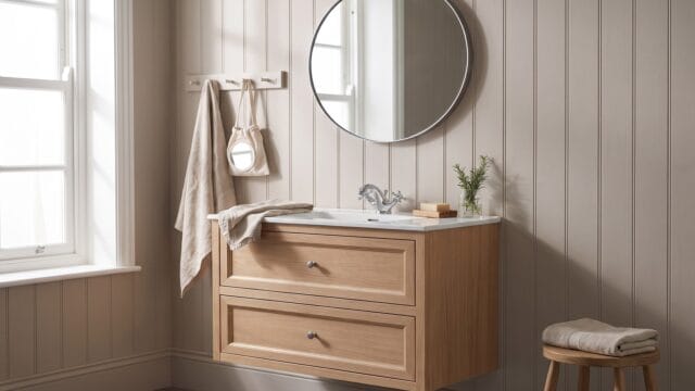 Modern eiken wastafelmeubel 120 cm naturel met vlak front, twee lades en keramische wastafel