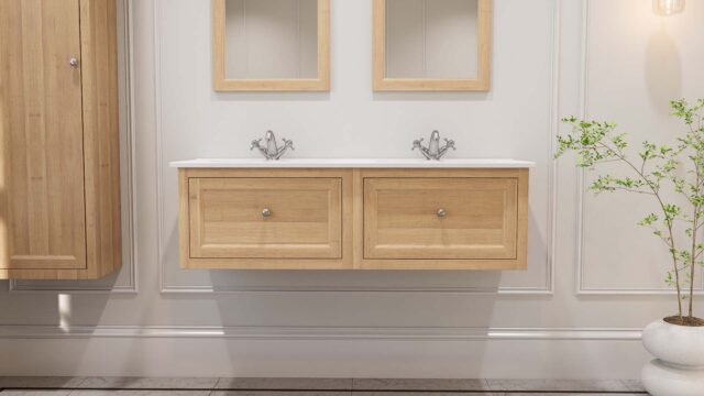 Hangend modern badkamermeubel 140 cm massief naturel eiken met vlak front en keramische wastafel