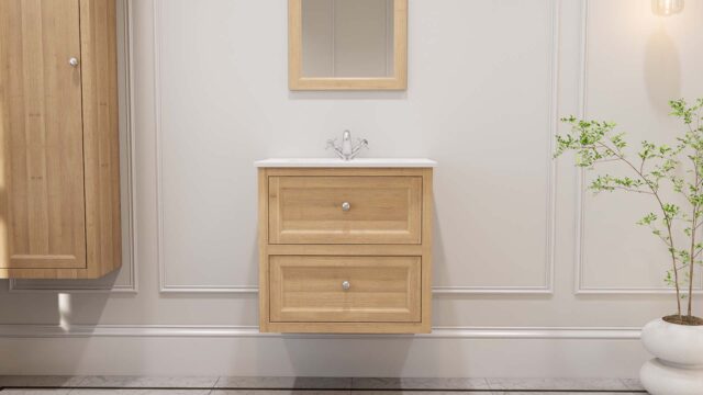 Modern hangend badmeubel 70 cm naturel eiken met vlak front en twee softclose lades