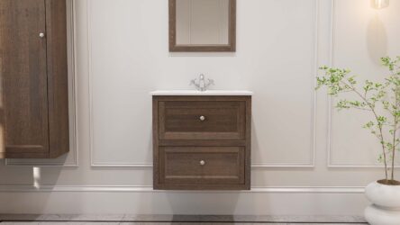Hangend modern badmeubel 70 cm donker eiken met vlak front en twee softclose lades