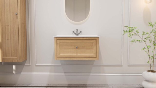 Hangend modern badkamermeubel 80 cm in massief naturel eiken met vlak front en keramische wastafel
