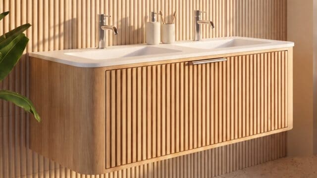 Rond naturel eiken badkamermeubel 120 cm met groevenfront en dubbele mat witte solid surface wastafel