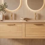 Modern naturel eiken badkamermeubel 140 cm met één lade en Mat Beige mineraalstenen wastafel