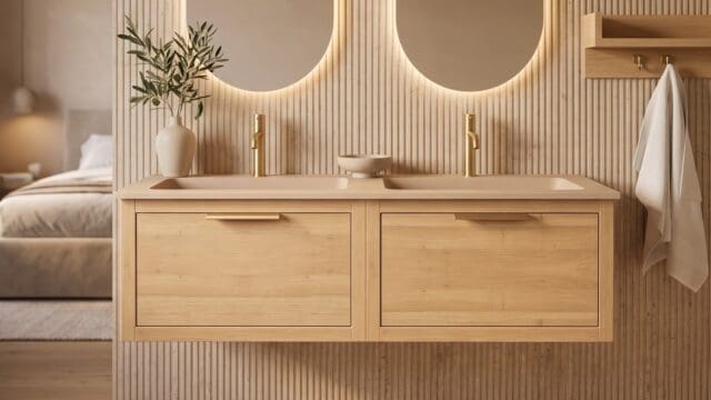 Modern naturel eiken badkamermeubel 140 cm met één lade en Mat Beige mineraalstenen wastafel