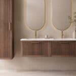 Hangend badmeubel 140 cm in donker eiken met groevenfront, twee softclose lades en wastafel