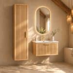 Modern hangend badmeubel 70 cm in massief naturel eiken met groevenfront en keramische wastafel