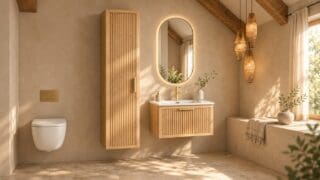 Modern hangend badmeubel 70 cm in massief naturel eiken met groevenfront en keramische wastafel