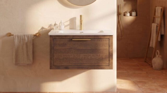 Hangend modern badmeubel 70 cm in massief donker eiken met vlak front en keramische wastafel