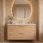 Modern eiken wastafelmeubel 120 cm naturel met vlak front, twee lades en keramische wastafel