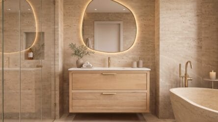 Modern eiken wastafelmeubel 120 cm naturel met vlak front, twee lades en keramische wastafel