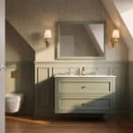 Engels klassiek badkamermeubel 120 cm in Card Room Green met keramische wastafel en twee softclose lades, dubbele wastafel