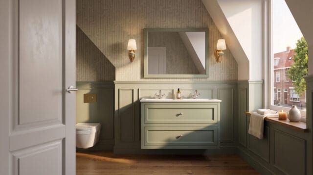 Engels klassiek badkamermeubel 120 cm in Card Room Green met keramische wastafel en twee softclose lades, dubbele wastafel