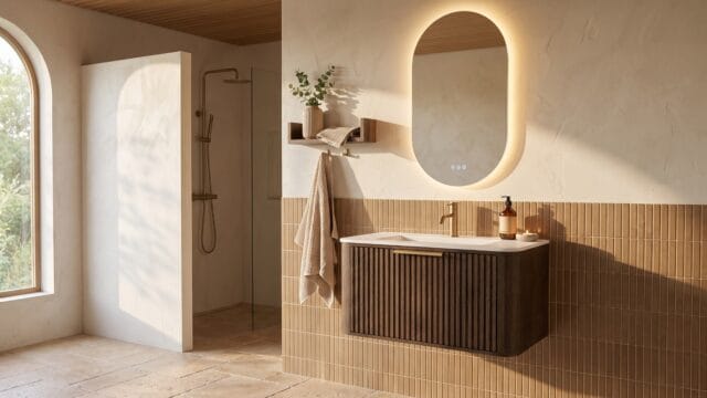 Rond hangend donker eiken badkamermeubel 80 cm met groevenfront en mat witte solid surface wastafel