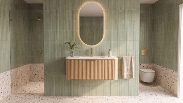 Rond naturel eiken badkamermeubel 100 cm met groevenfront en mat witte solid surface wastafel