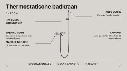 Moderne thermostatische bad/douchekraan in chroom, geleverd als complete set met handdouche, doucheslang en wandhaak. Onderdeel van de Riva Bella serie, verkrijgbaar in 6 kleuren en direct uit voorraad leverbaar.